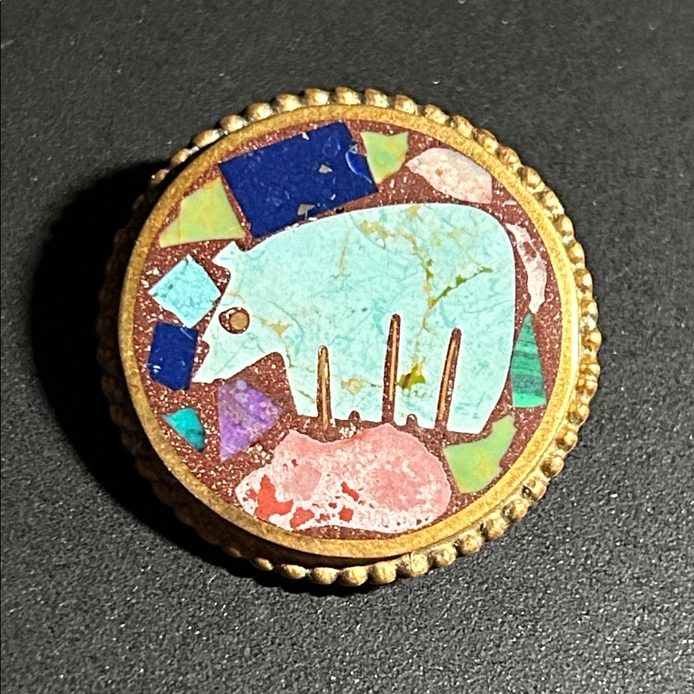 Andrew Shows & Tursa Wells Hand Carved Mosaic Natural Stone Inlay Bear Brooch